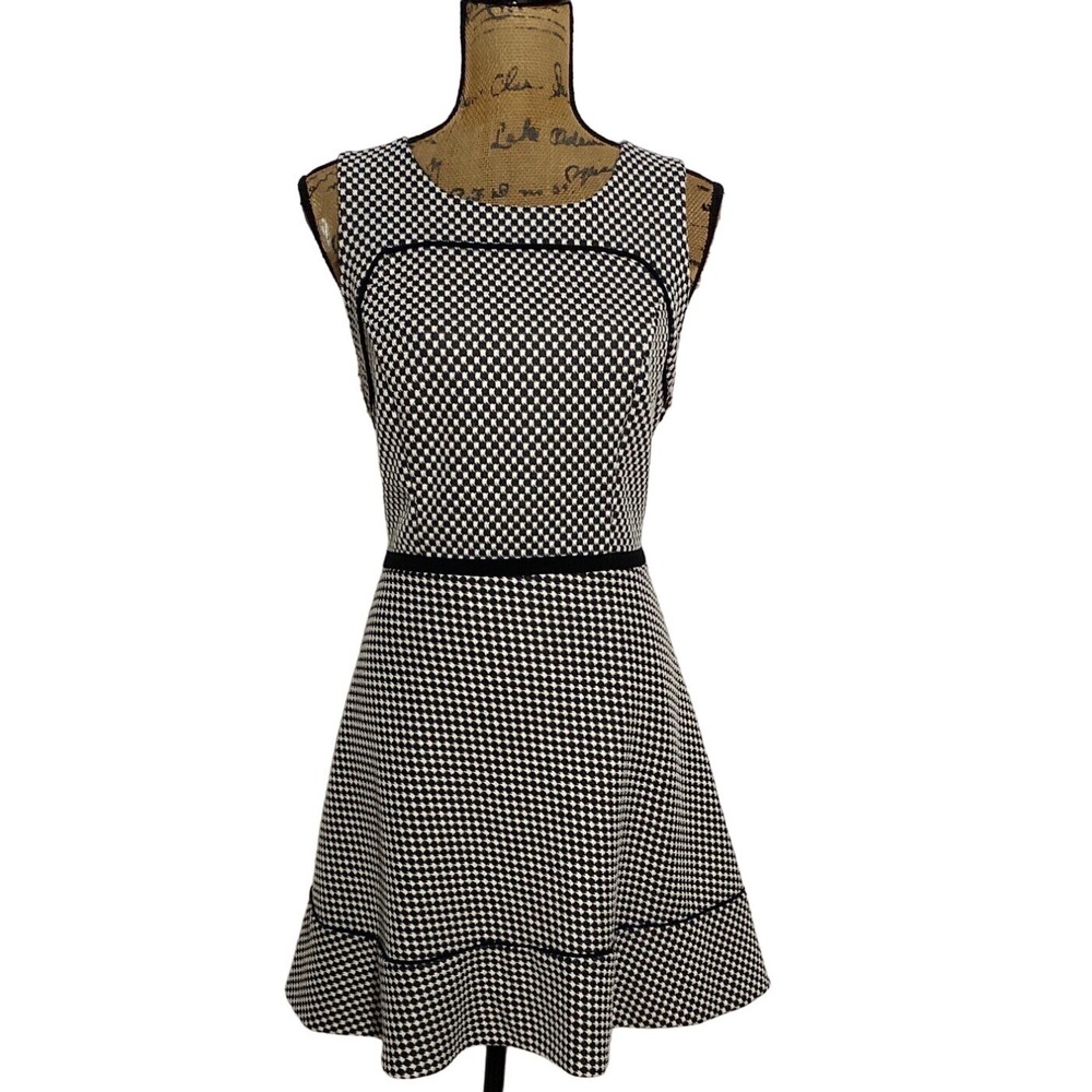 Oleg Cassini Dress 12 White‎ Black Tweed Squares Piping Trim Full Party Career